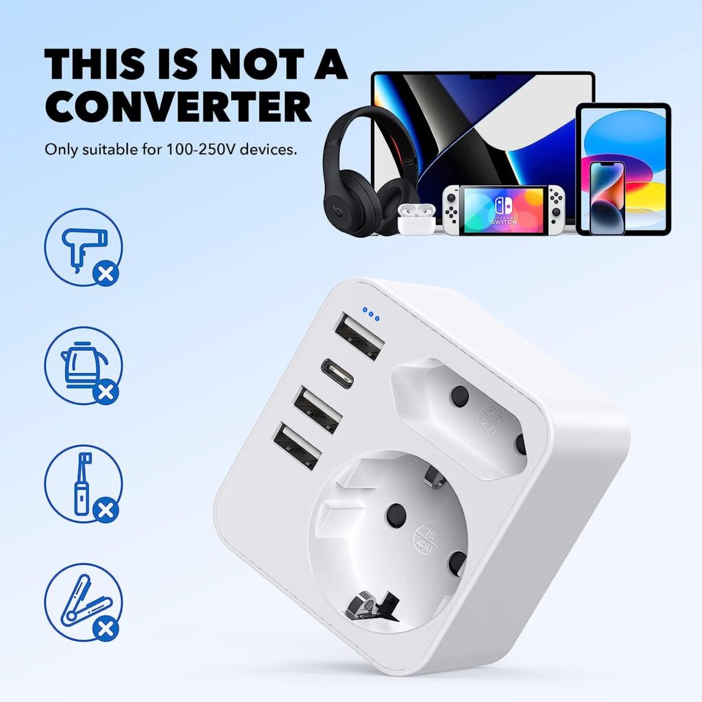 Adapter USA Germany Plug with 3USB 1USB C (3.4A), with 2 Socket Adapters, 6-in-1 USA Adapter Socket, Travel Adapter Type B Socket Adapter for America, Canada, Thailand, Mexico