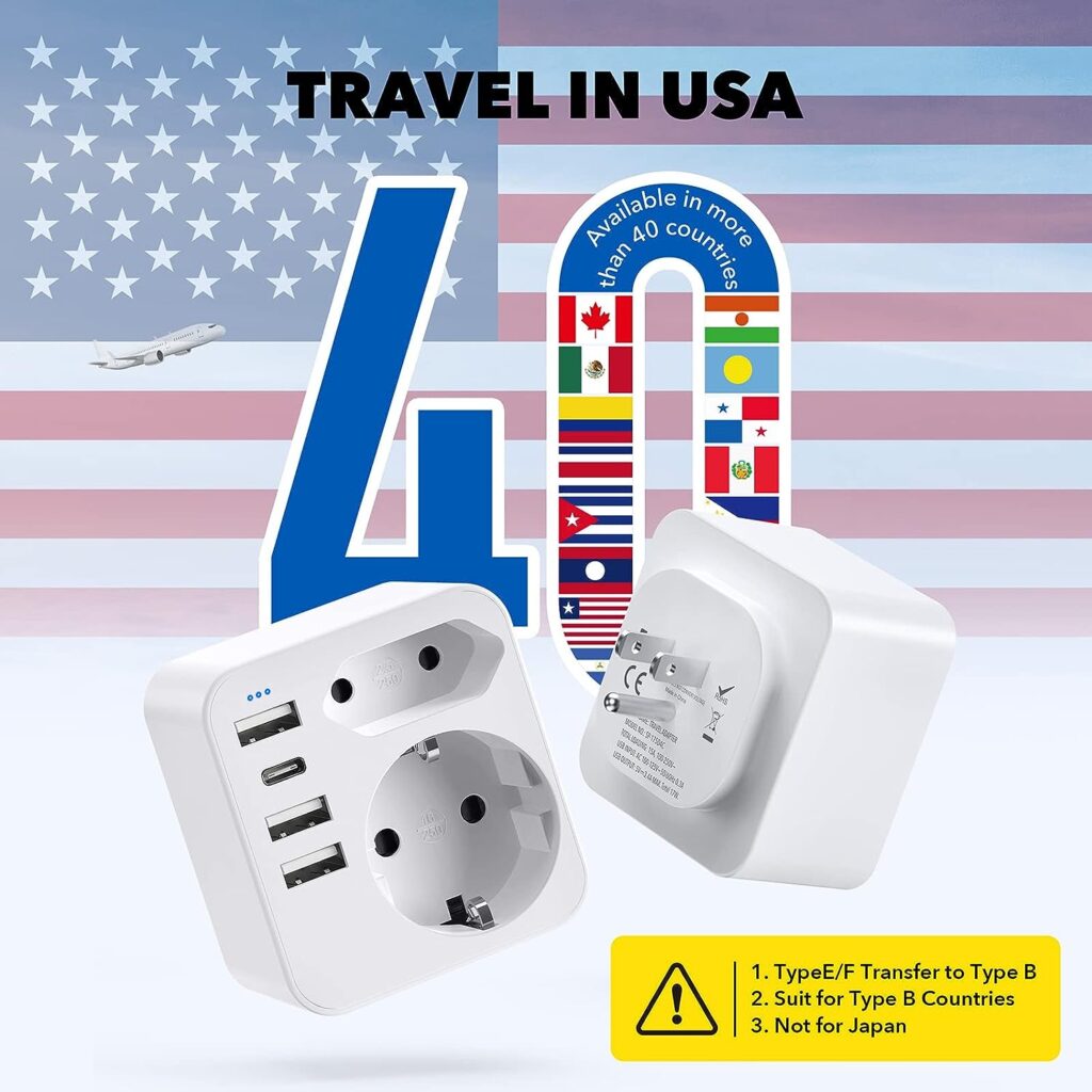 Adapter USA Germany Plug with 3USB 1USB C (3.4A), with 2 Socket Adapters, 6-in-1 USA Adapter Socket, Travel Adapter Type B Socket Adapter for America, Canada, Thailand, Mexico